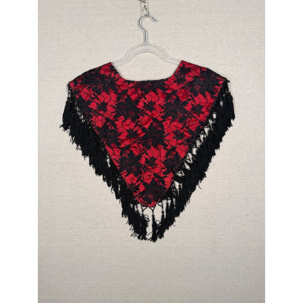 Red Satin Black Floral Lace Shawl Beaded Tassel Fringe Halloween Costume Wrap